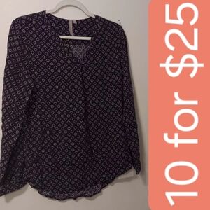 Brina & Em Printed Long-Sleeve Blouse - Black Diamond Print